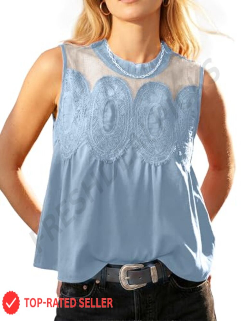Lace Mesh Tank Top Sleeveless Flared Babydoll Blouse Dressy Casual Summer